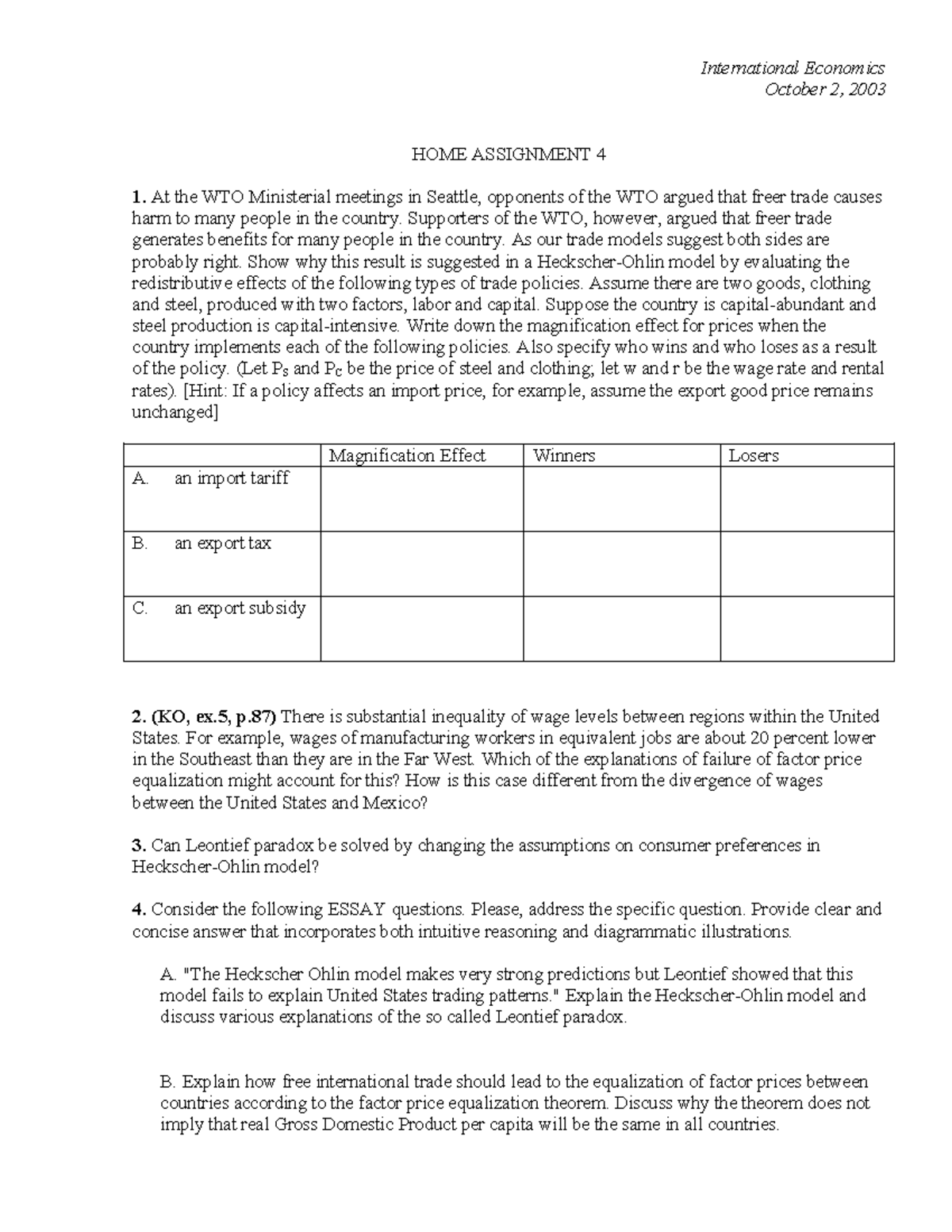HA 4 - Home Assignment on Heckscher-Ohlin Model in Int'l Economics ...