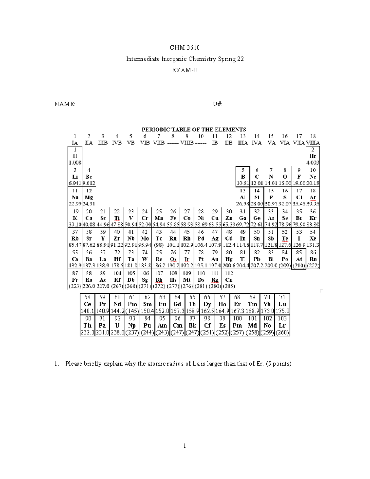 CHM 3610 Intermediate Inorganic Chemistry Exam II Spring 2022 - Studocu