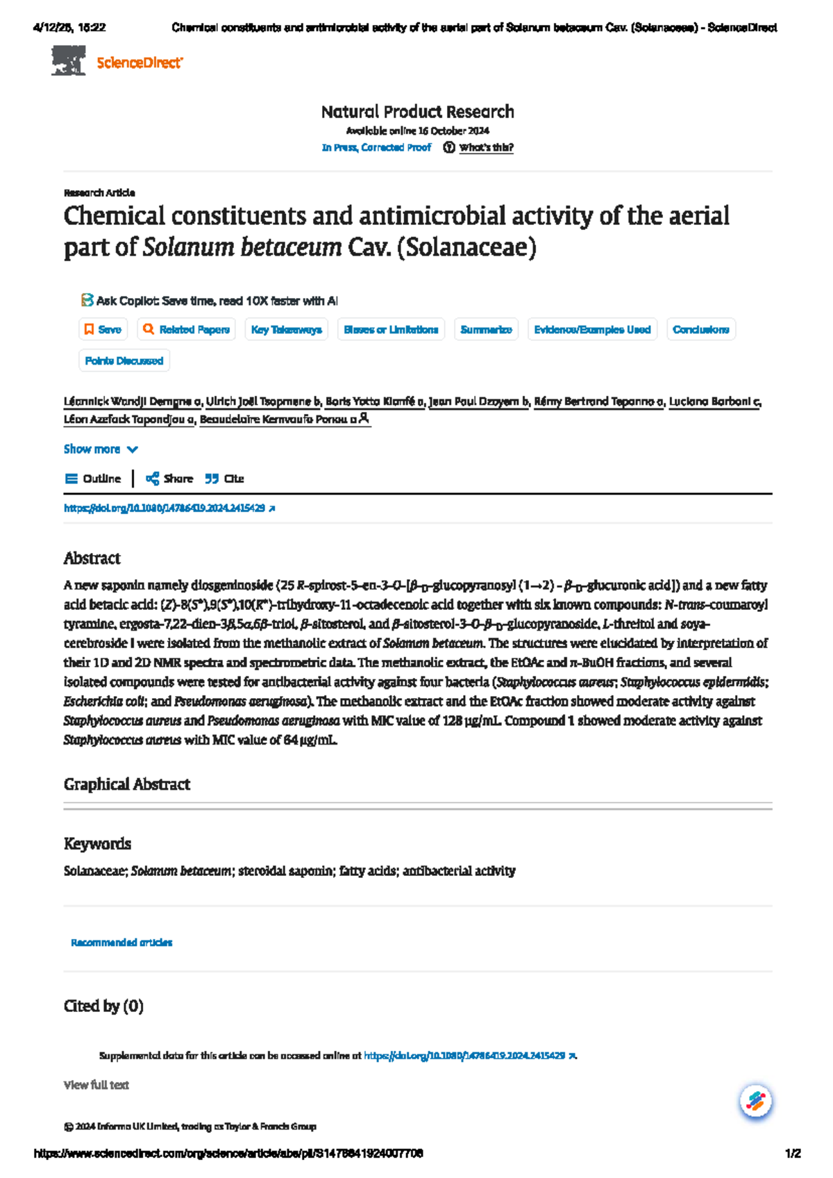 Chemical Constituents & Antimicrobial Activity of Solanum betaceum ...
