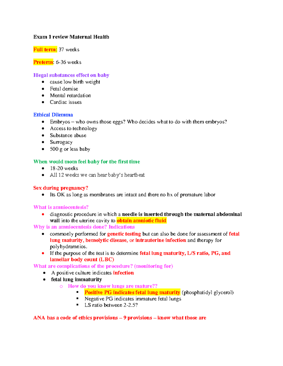 Exam 1 Review: Maternal Health Concepts and Key Information - Studocu