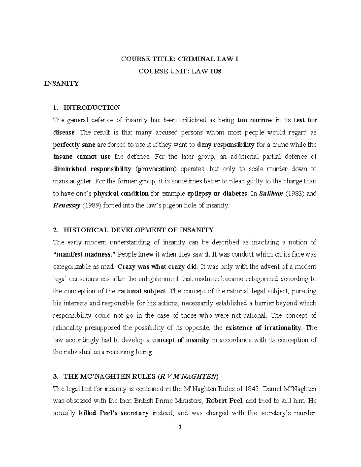 Criminal Law I (LAW 108): Understanding the Insanity Defense - Studocu