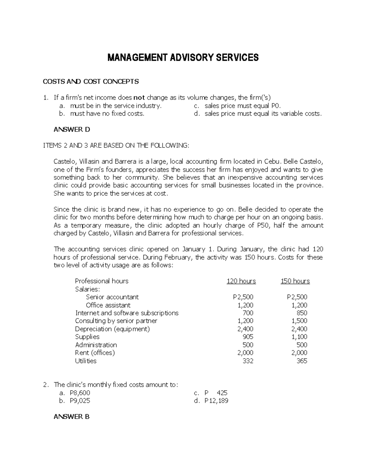 MANAGEMENT ADVISORY SERVICES (MAS) REVIEWER: COSTS & CONCEPTS - Studocu