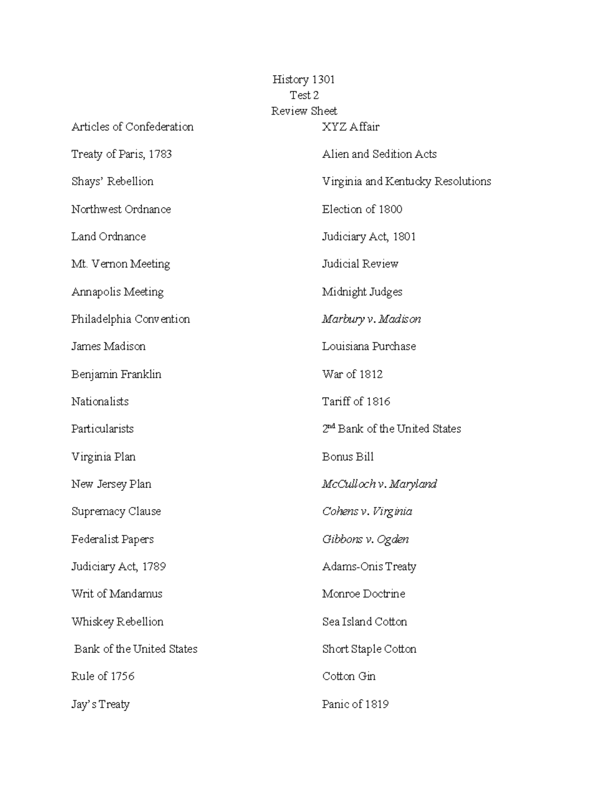 History 1301 Test 2 Review Sheet: Key Topics & Concepts - Studocu