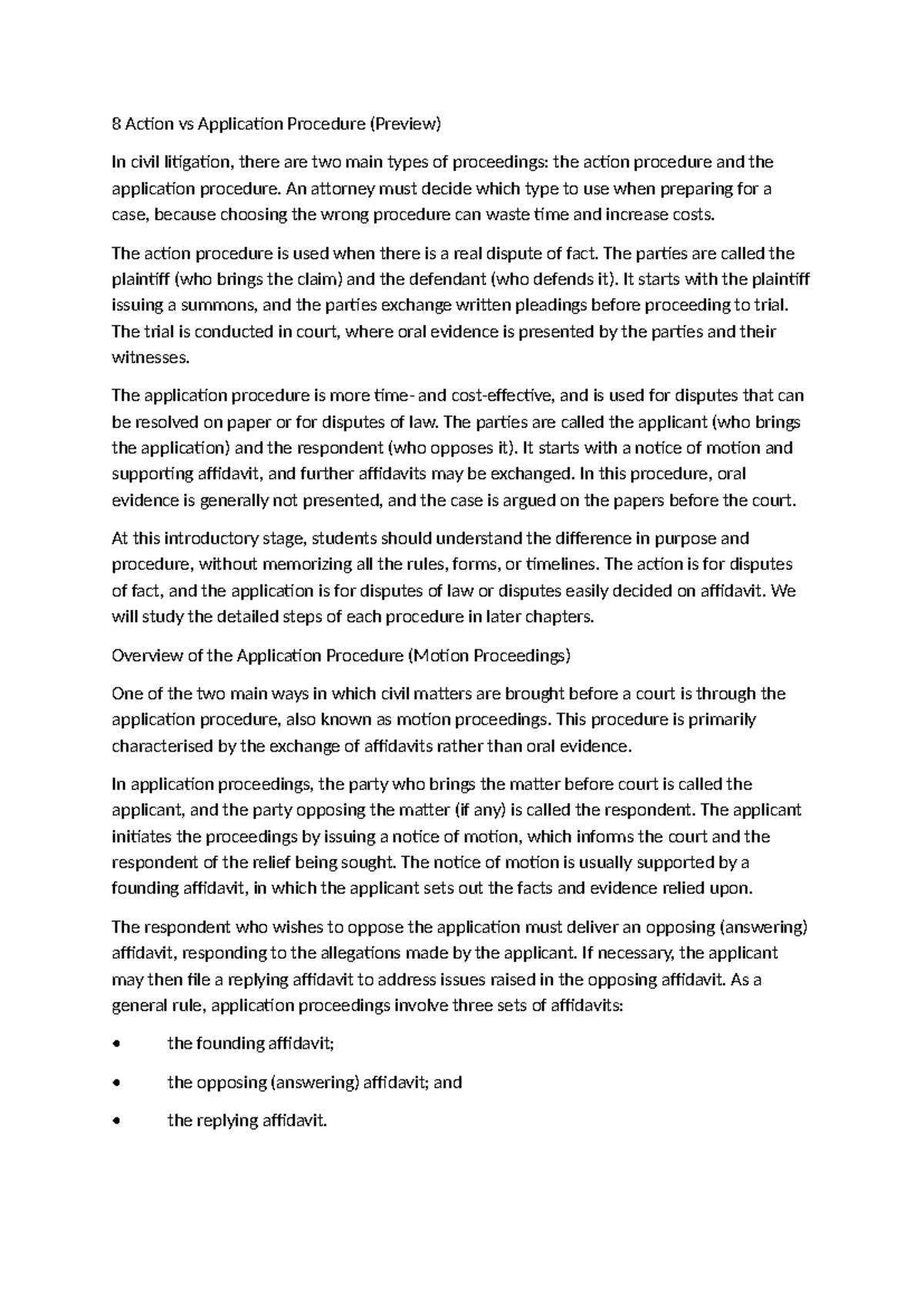 Civil Litigation Procedures: Action vs Application (Notes 1) - Studocu