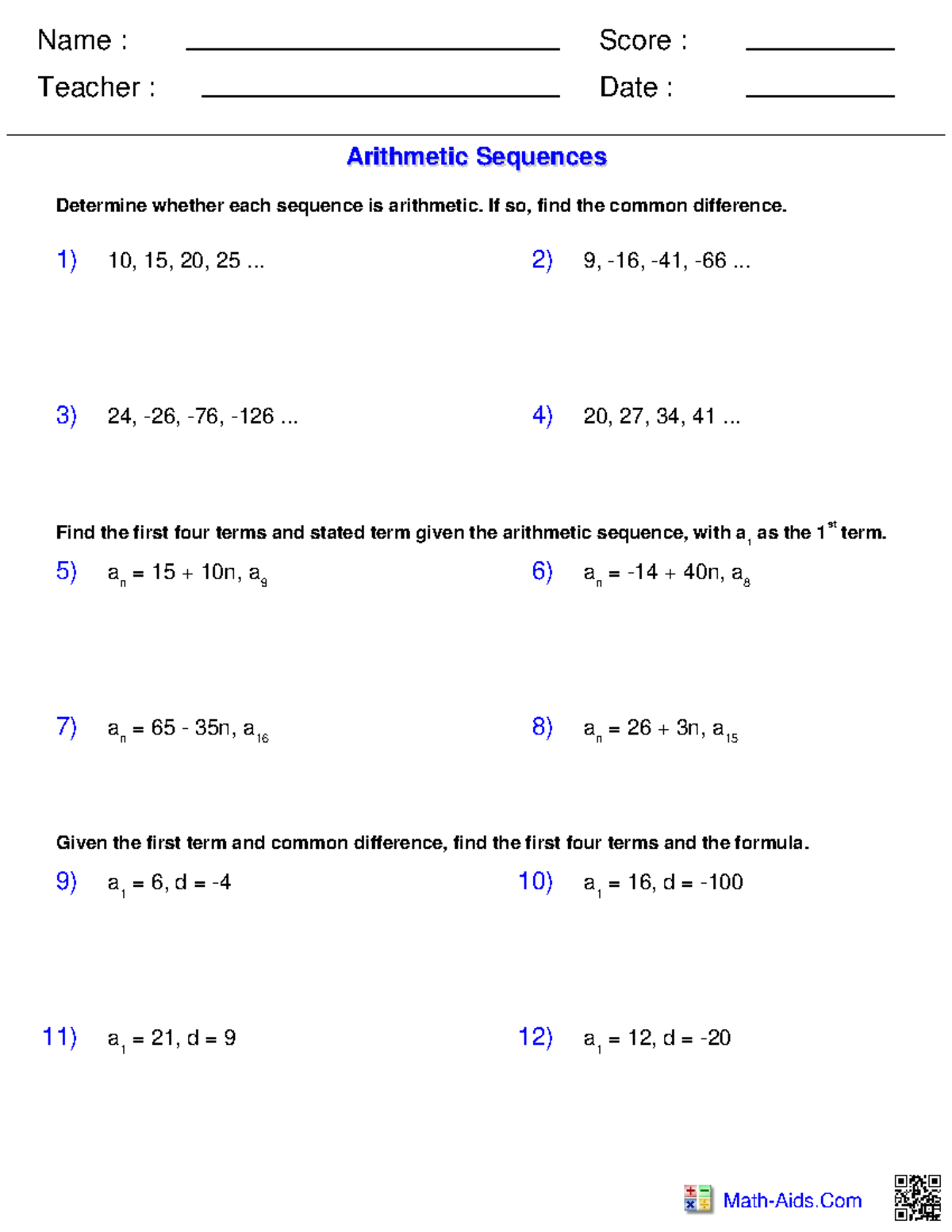Algebra 2 arithmetic sequences - Name : Teacher : Date : Score : Math ...