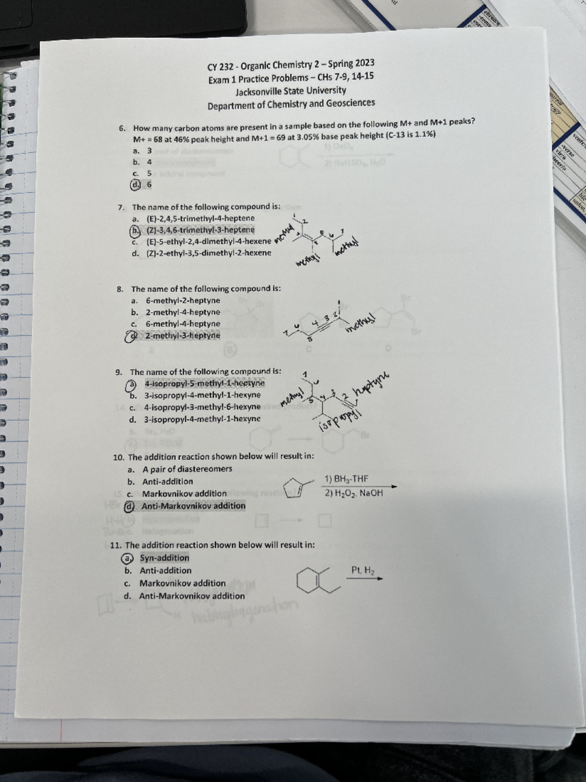 CY 232 Organic Chemistry 2 Exam 1 Study Guide & Practice Problems - Studocu