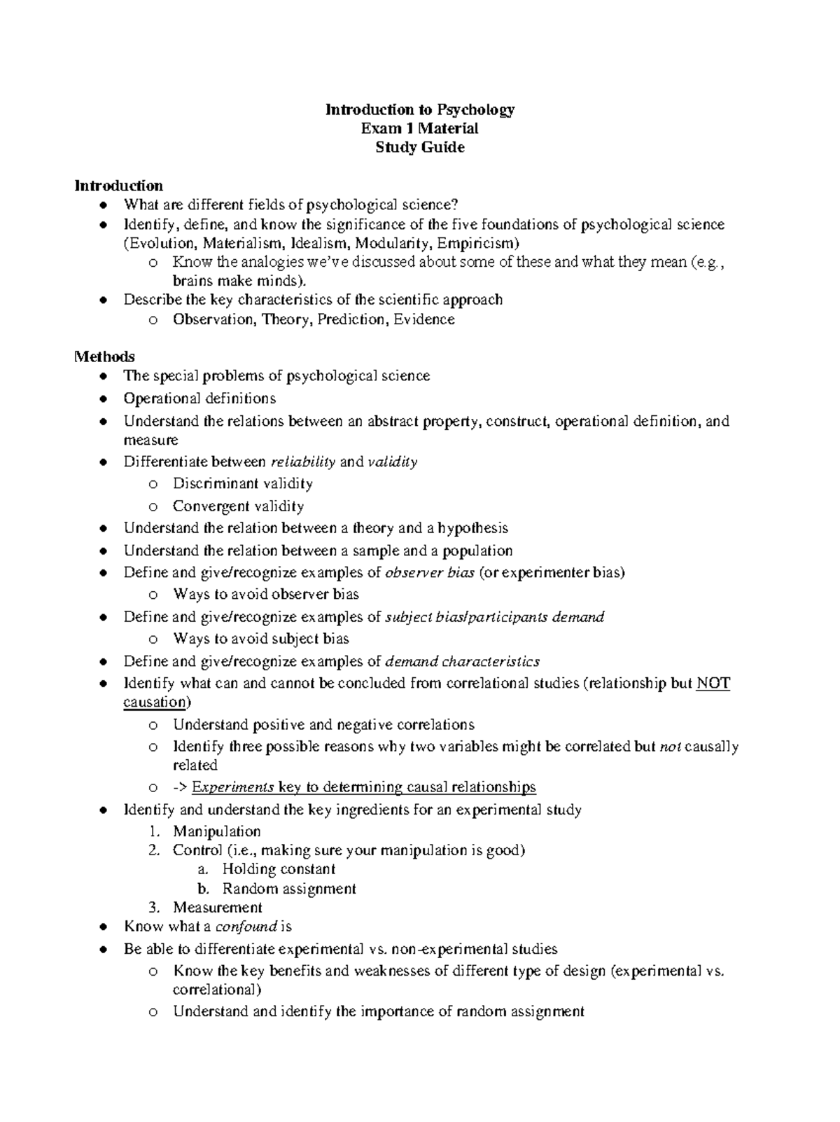 Fall 2022 Intro To Psych Exam 1 Study Guide Key Concepts And Methods