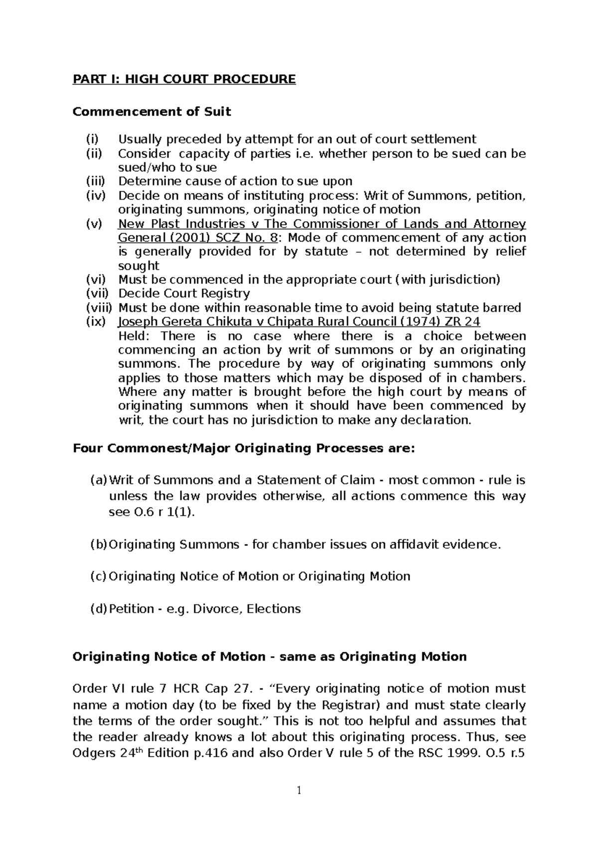 High Court Procedure Overview: Commencement of Suit and Processes - Studocu