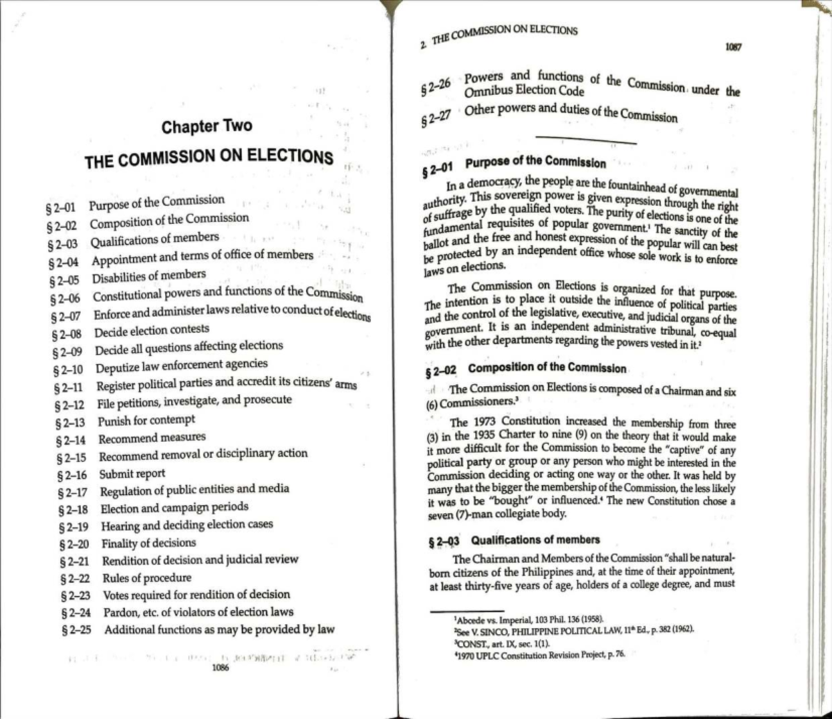ELECTION LAW 2: THE COMMISSION ON ELECTIONS - Chapter 1 & 2 Notes - Studocu