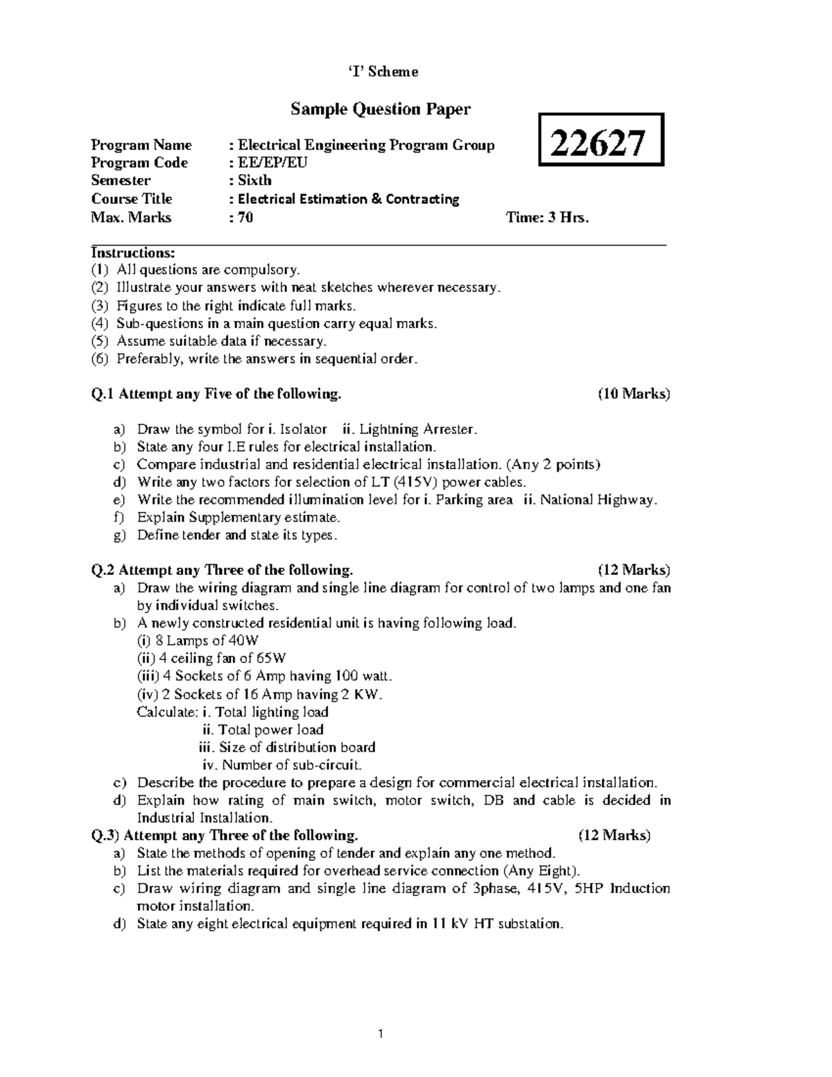 Electrical Estimation & Contracting Sample Question Papers (22627 ...