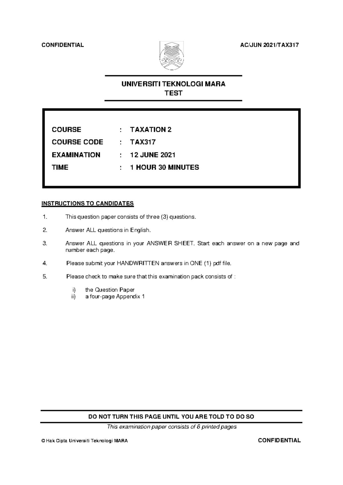 TAX317 Test Questions & Answers - June 2021 Examination - Document Preview