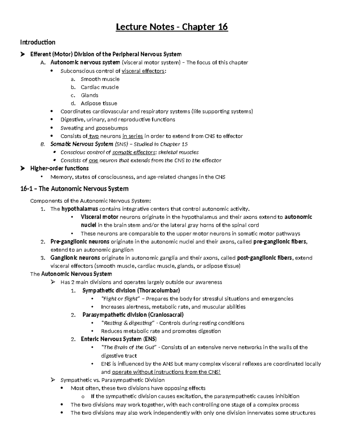 Lecture Notes - Chapter 16: The Autonomic Nervous System Overview - Studocu