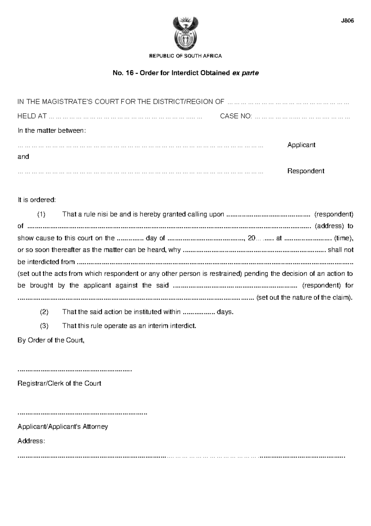 J806 Notice of Motion Form for Interdict in South Africa - Studocu