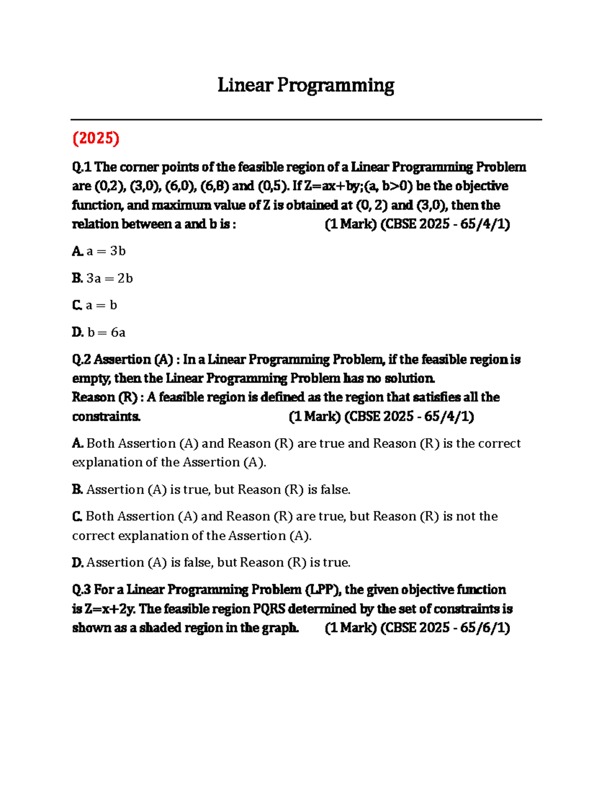 Unit-12 Linear Programming PYQ (CBSE 2025) - Corner Points & Feasible ...