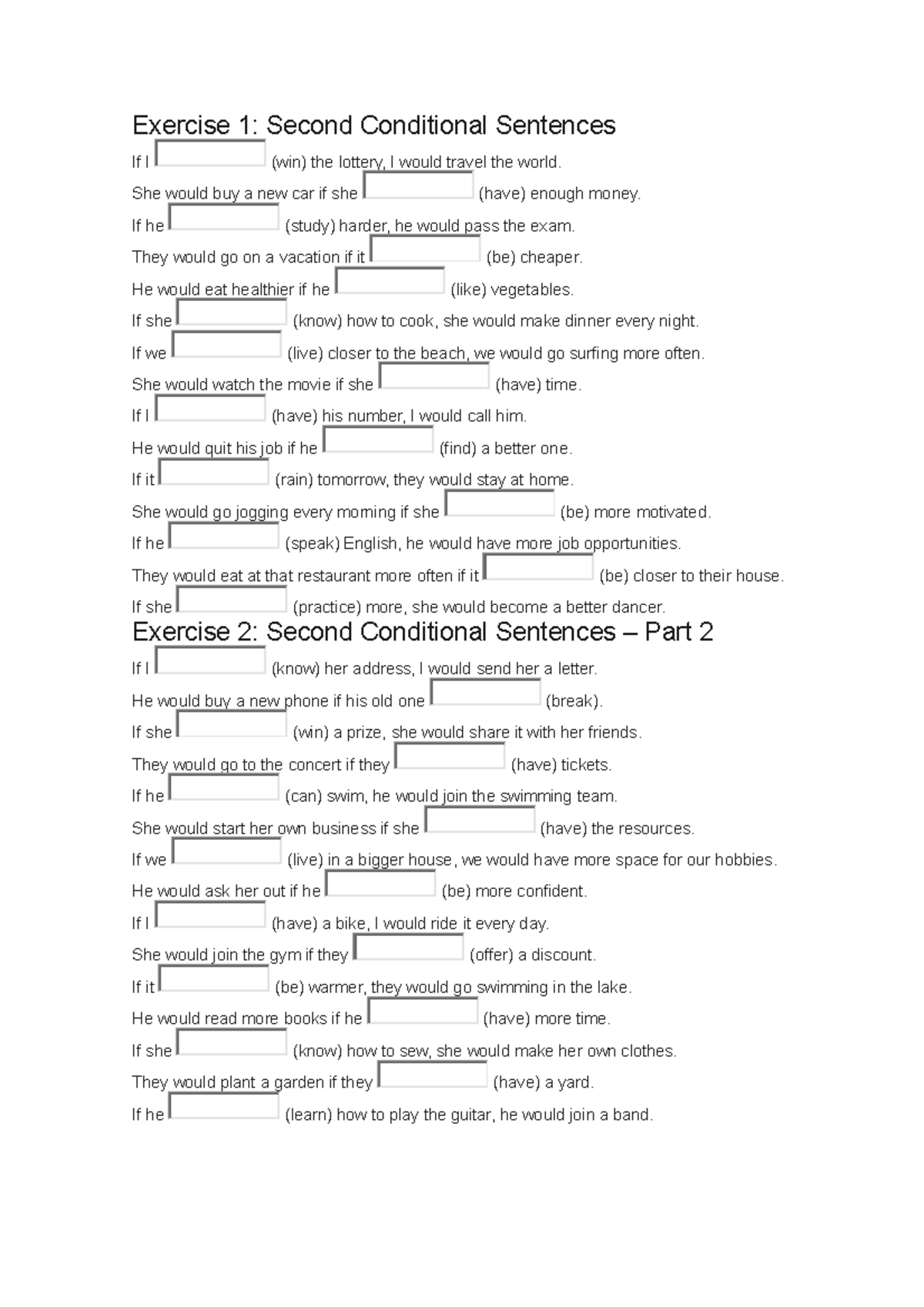 Second Conditional Sentences Practice Exercises (Eng 101) - Studocu