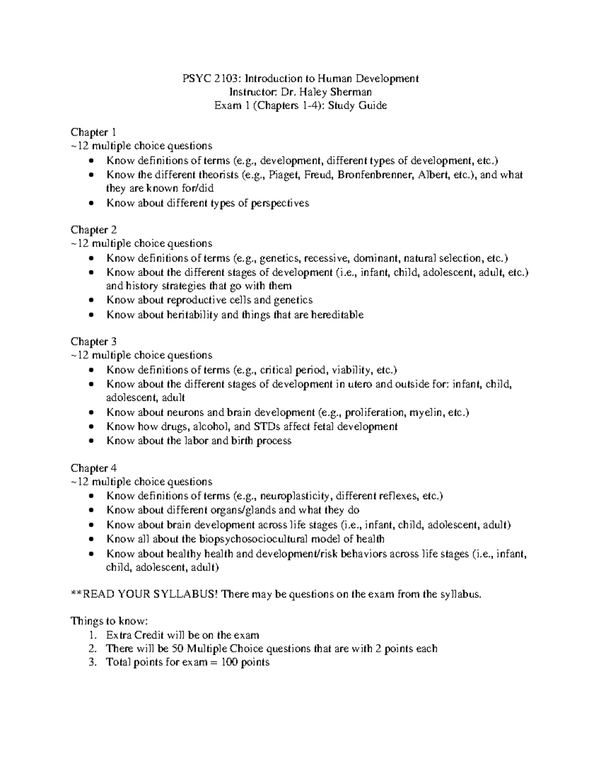 PSYC 2103: Exam 1 Study Guide for Chapters 1-4 in Human Development ...
