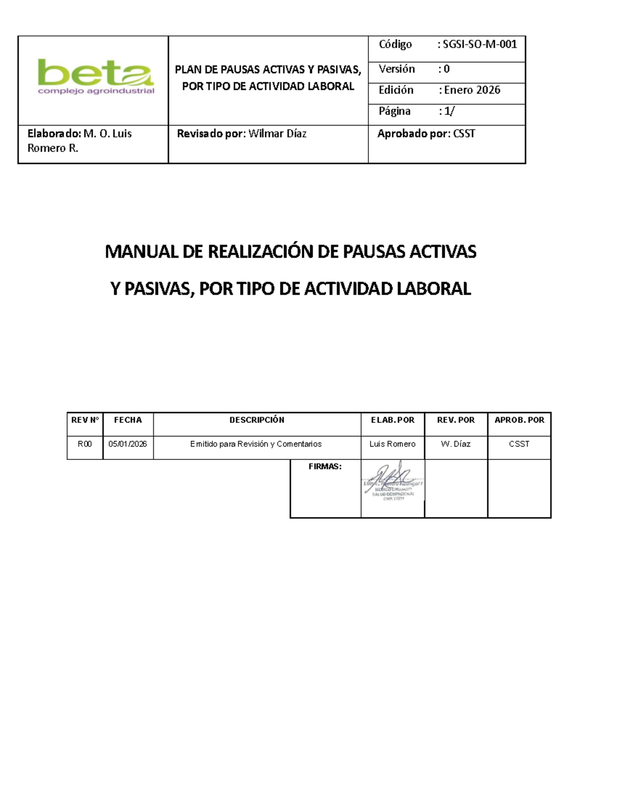Manual de Pausas Activas y Pasivas en el Trabajo - Código: 2026 - Document Preview