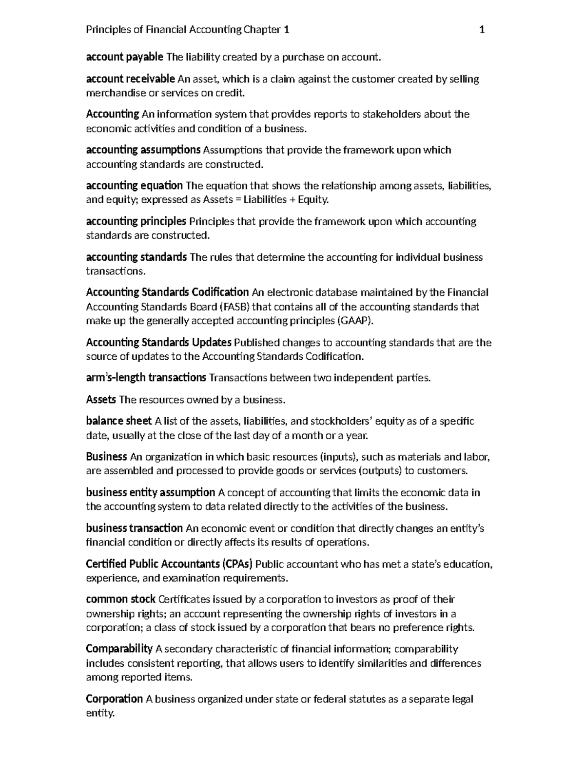 Principles of Financial Accounting (ACCT 101) Chapter 1 Key Terms - Studocu