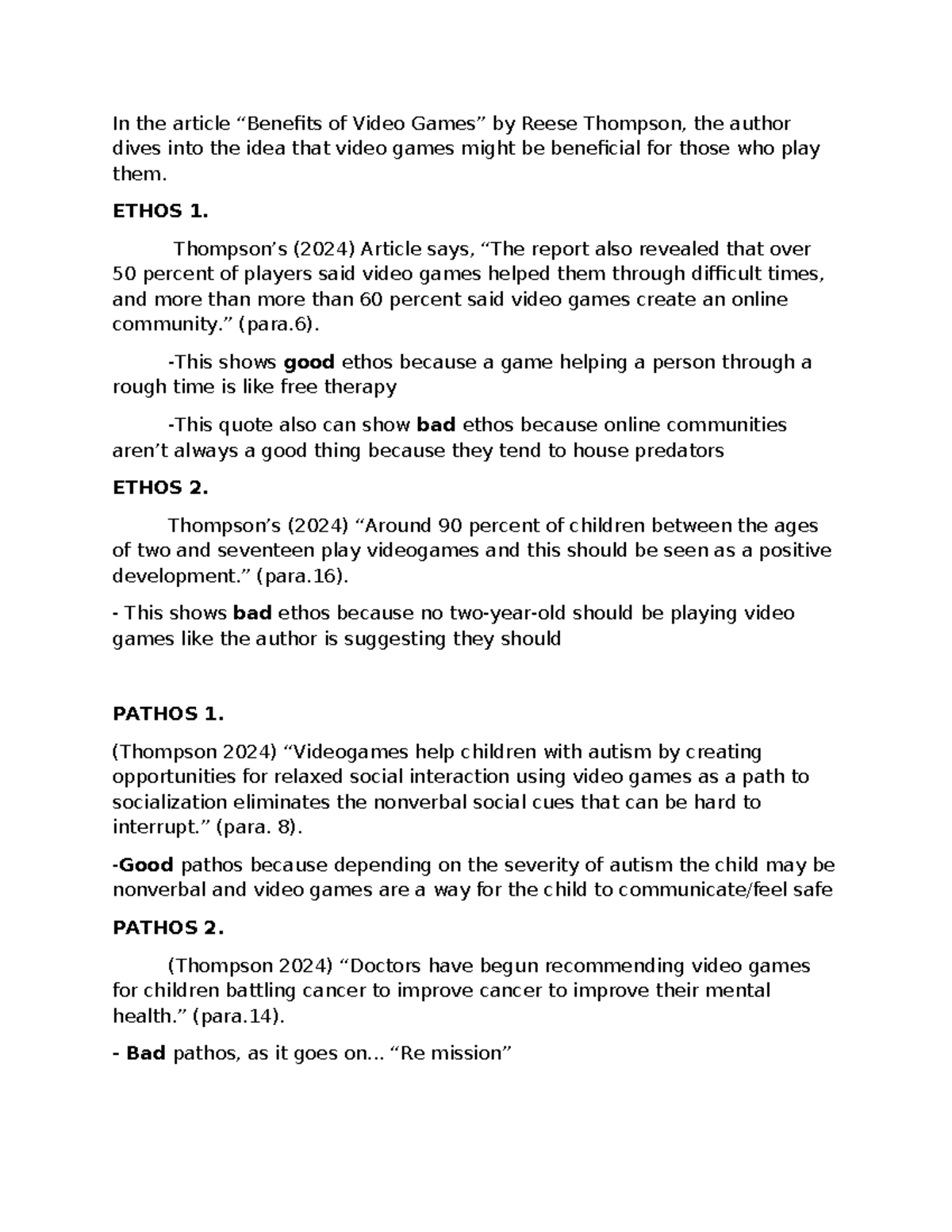 ETHOS & PATHOS in Video Games: Analysis Guide (ETHOS 1, 2024) - Studocu