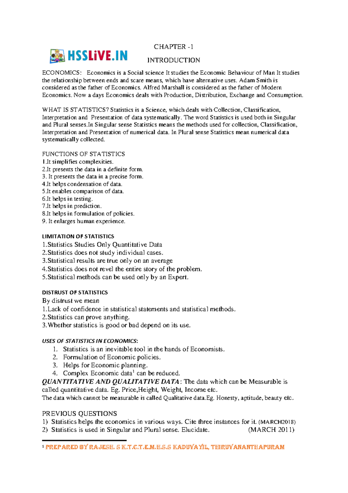 HSSLIVE XI ECO CH 1: Introduction to Economics and Statistics - Studocu