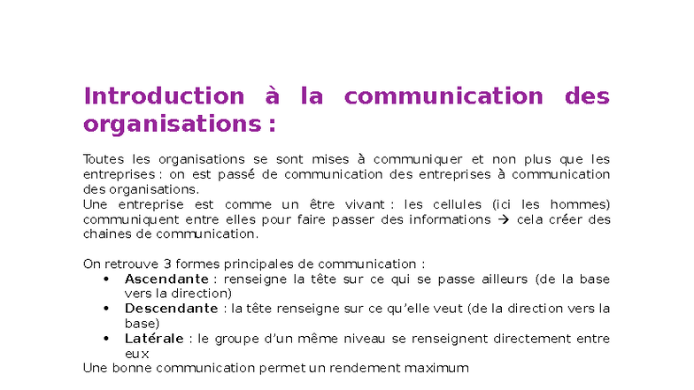 Introduction à la communication des organisations - Cours complet - Studocu