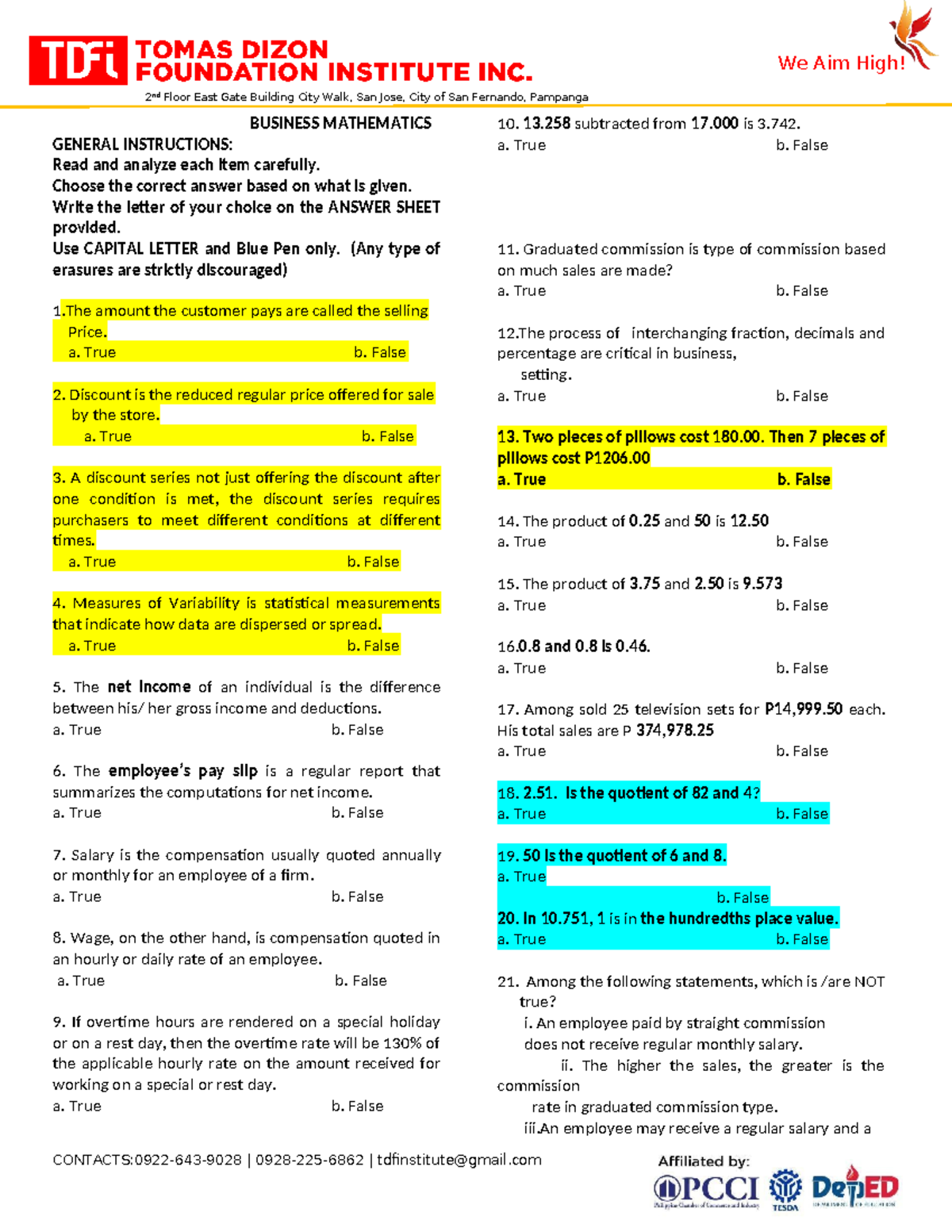 Business Mathematics Quiz Instructions and Sample Questions - Studocu