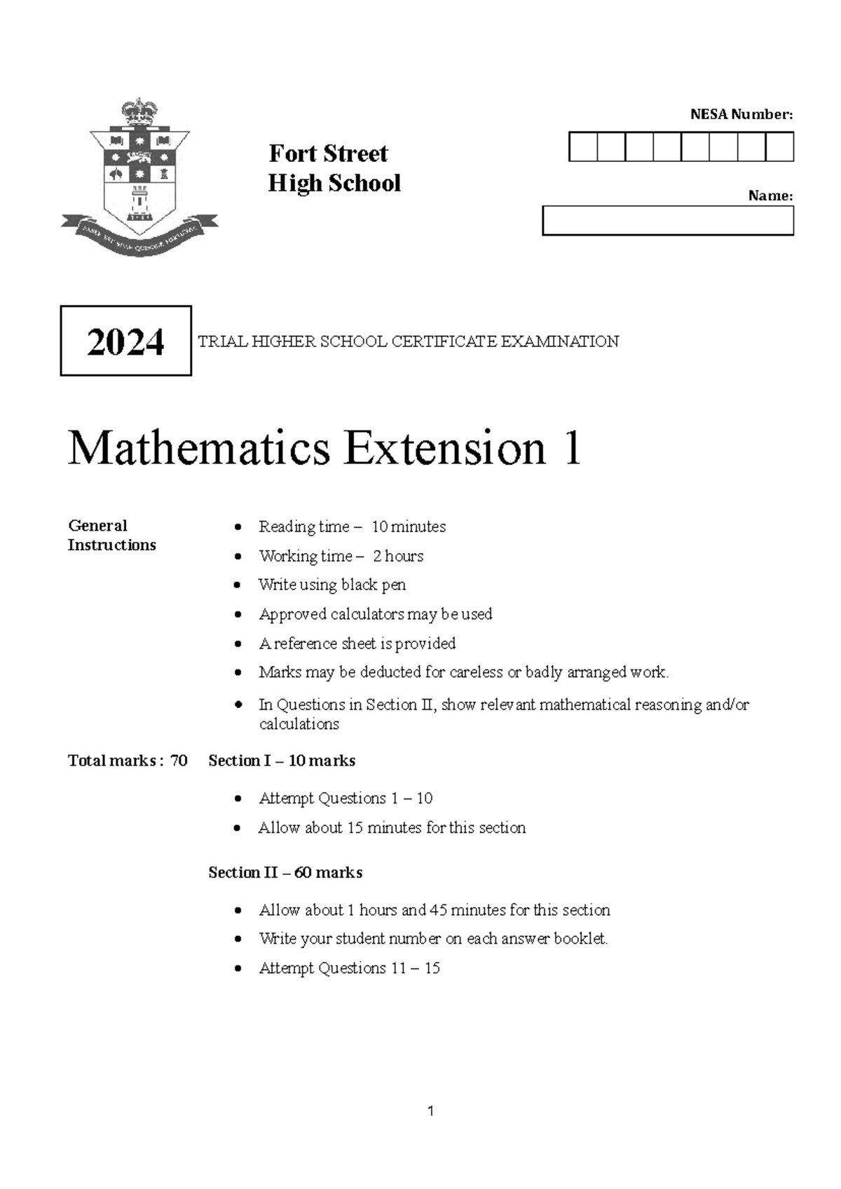 Fort St 2024 3U Trial HSC Mathematics Exam Solutions - Studocu