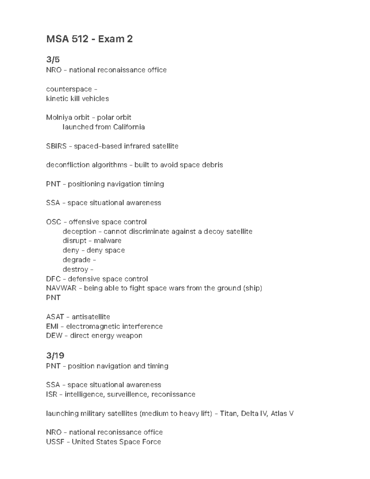MSA 512 - Exam 2 Study Notes on Space Operations and Risks - MSA 512 ...