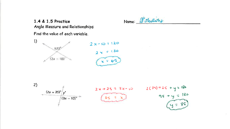 1.4 & 1.5 Practice Solutions: Angle Measure & Relationships - Studocu