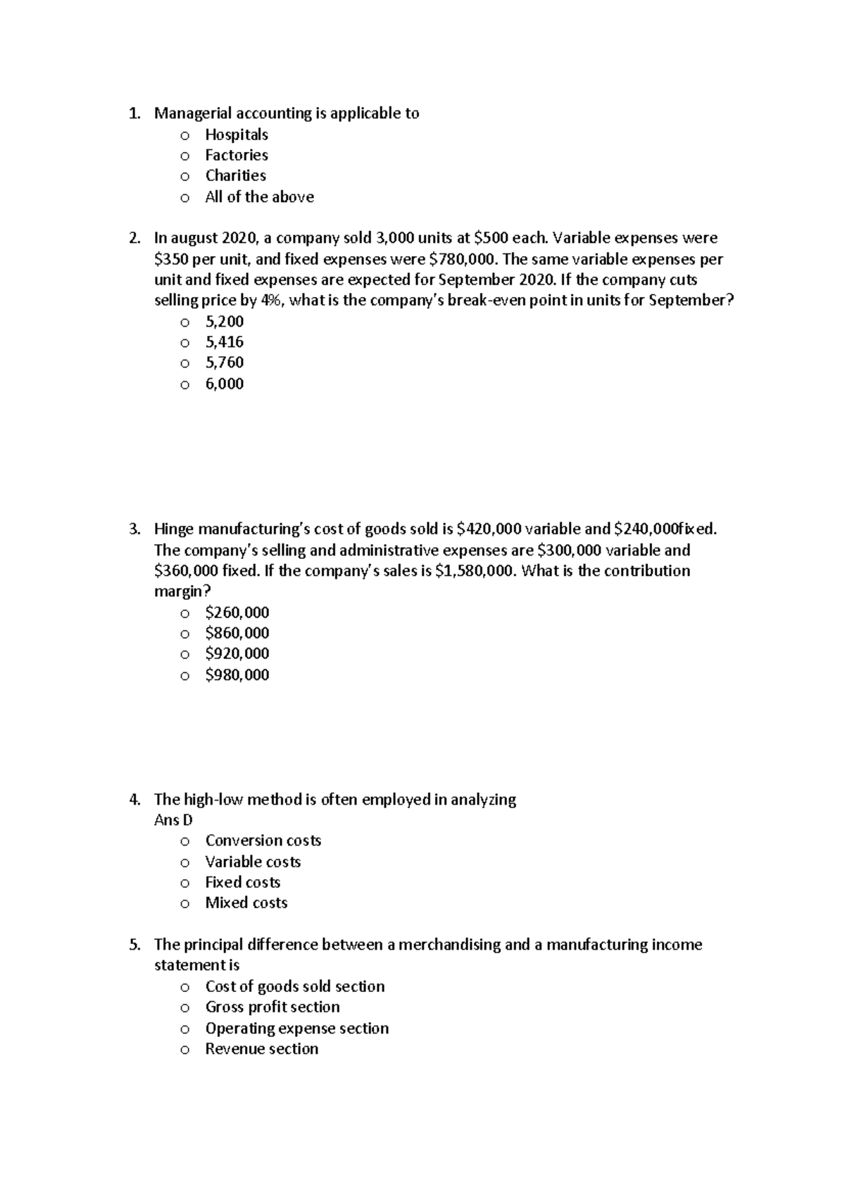 ACC 202 Managerial Accounting Review and Practice Questions - Studocu