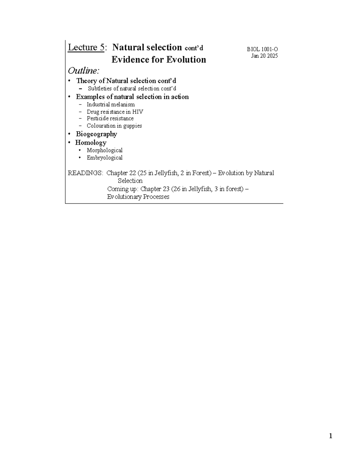 BIOL1001-O Final Exam Lecture 5: Evidence for Evolution and Natural ...