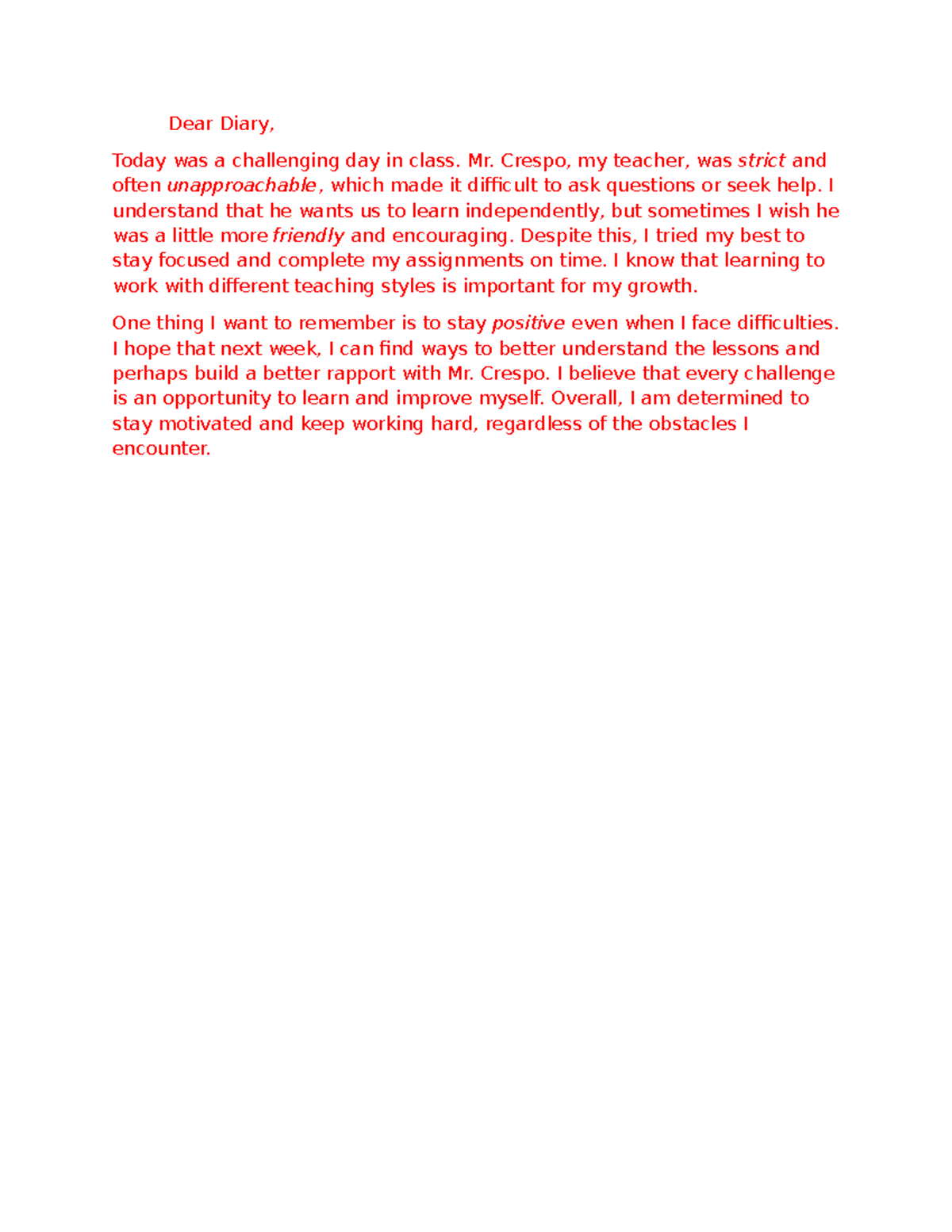 Reflections on Classroom Challenges: A Student's Diary Entry - Studocu