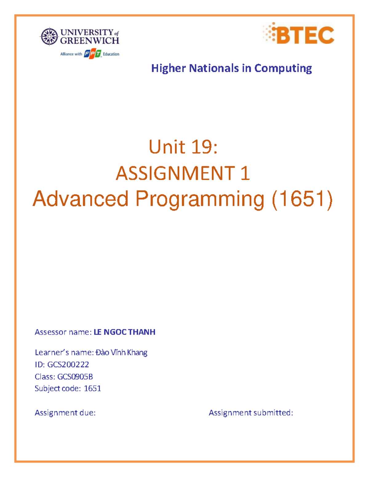1651 Advanced Programming Assignment 1 Retake Report - Studocu
