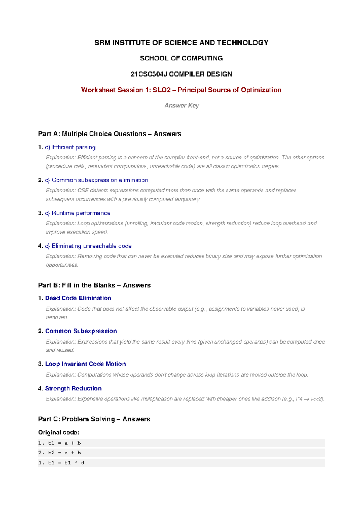21CSC304J Compiler Design Worksheet Session 1: Optimization Answers ...