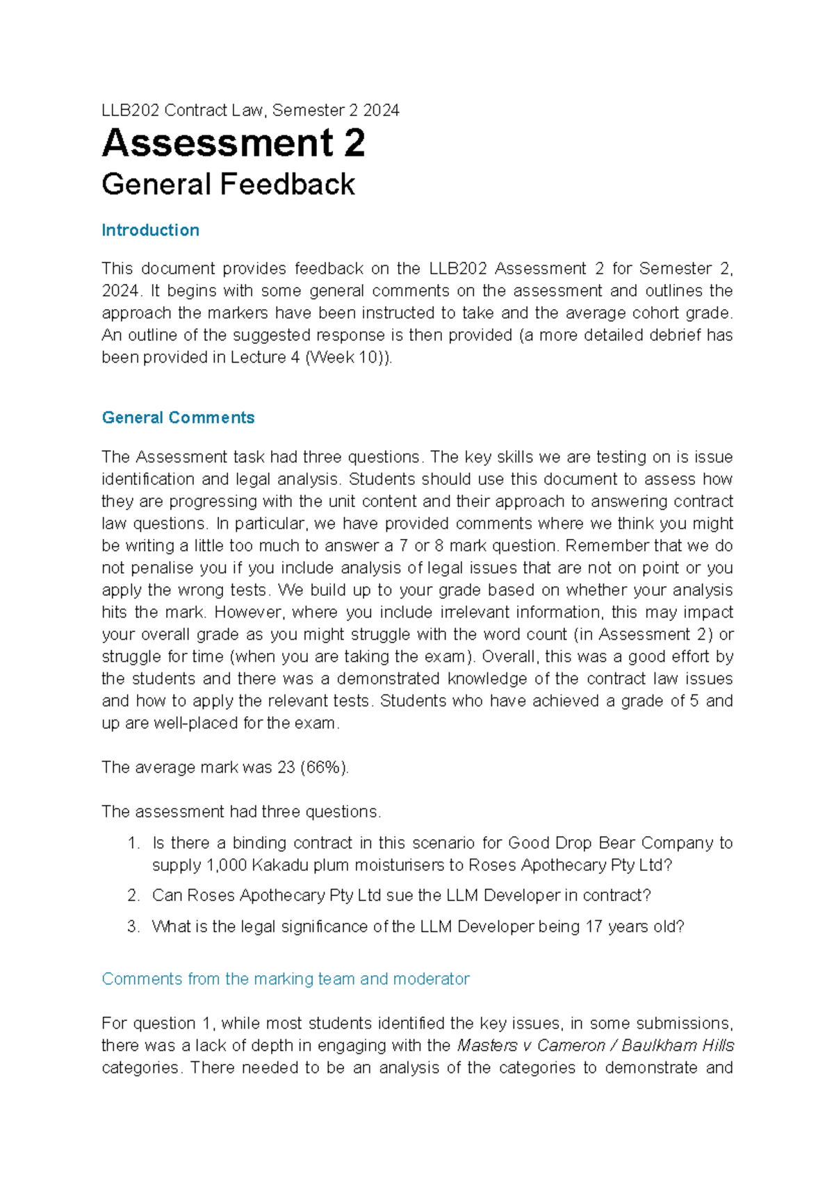 LLB202 Contract Law Assessment 2 Feedback - Semester 2, 2024 - Studocu