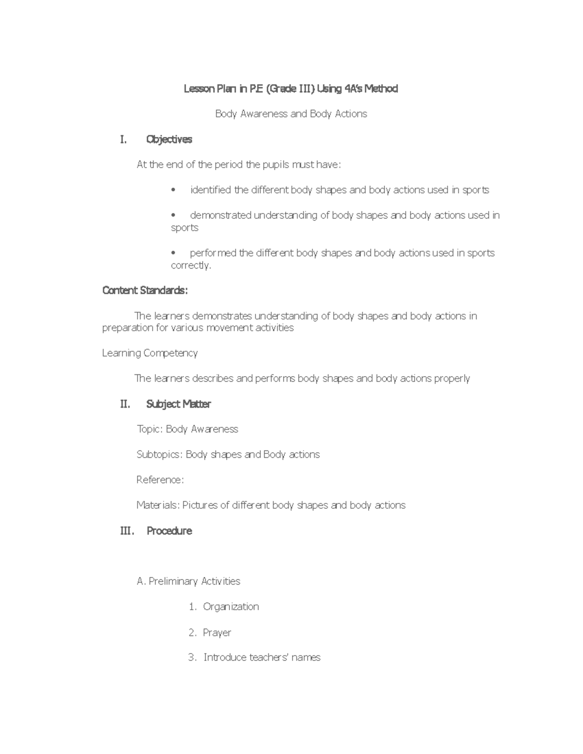 Sample 4As outline lesson plan - Lesson Plan in P (Grade III) Using 4 A ...