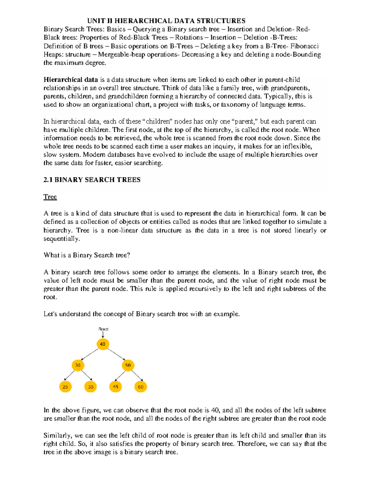 ADSA-2 - Hierarchical Data Structures & Binary Search Trees Notes - Studocu