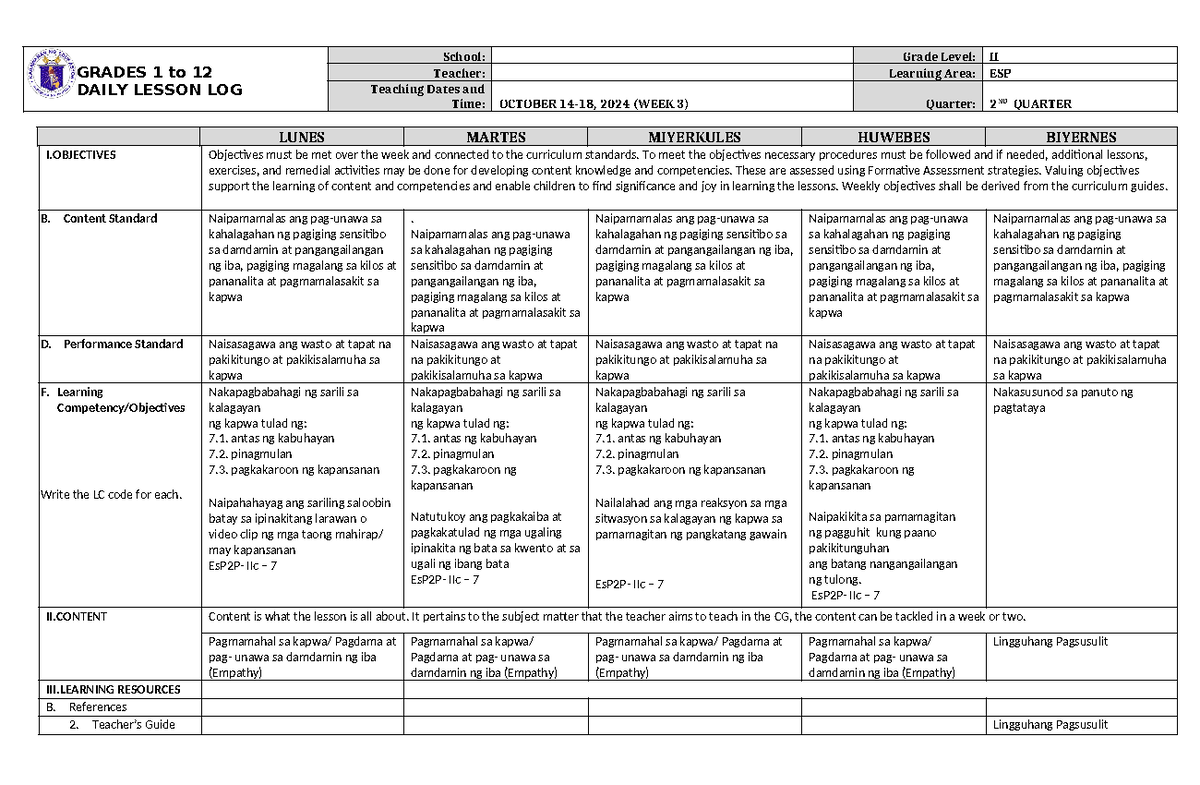 DLL ESP 2 Q2 W3 - dll ESP - GRADES 1 to 12 DAILY LESSON LOG School ...
