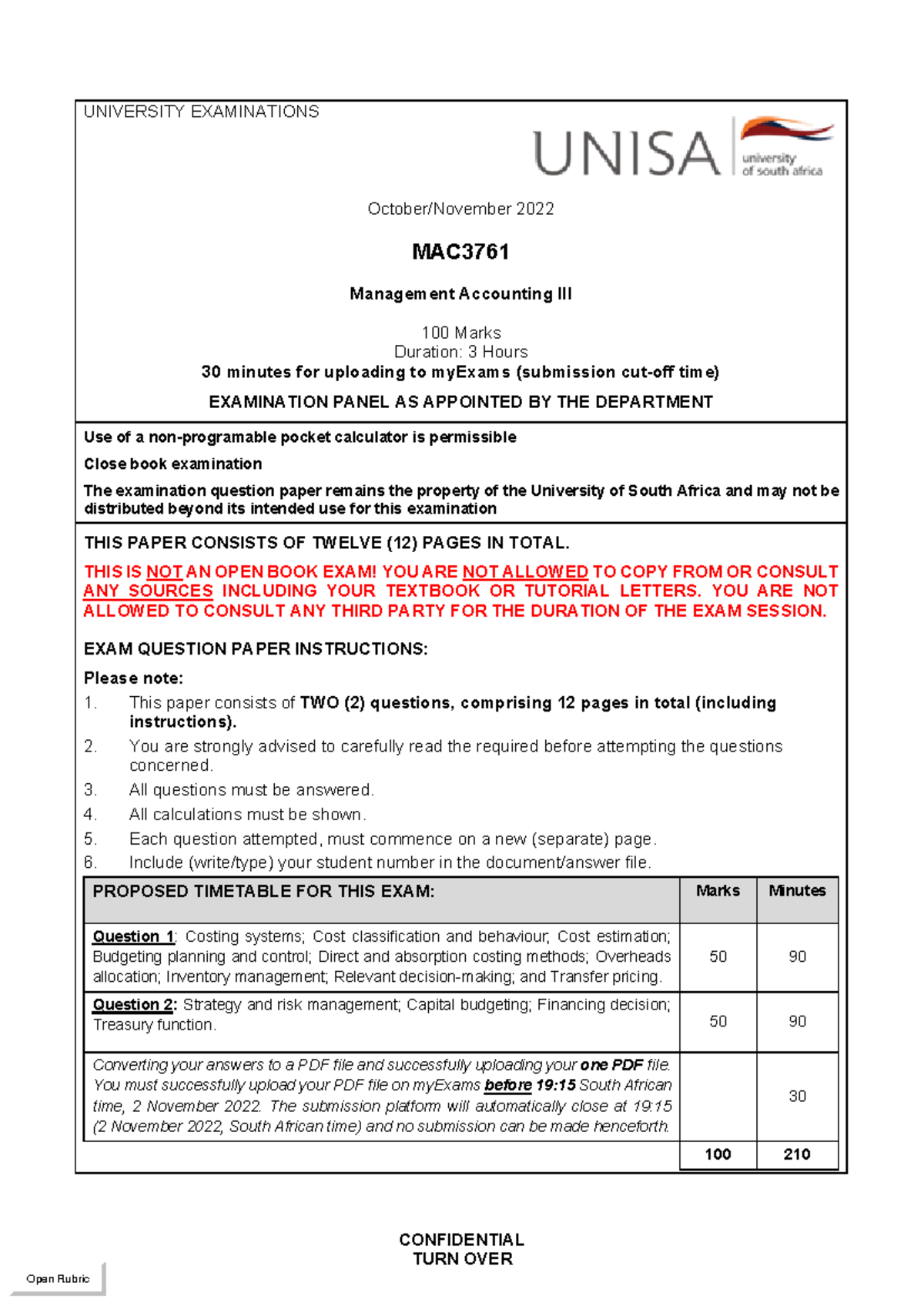 MAC3761 Management Accounting III Exam Instructions (Oct/Nov 2022 ...