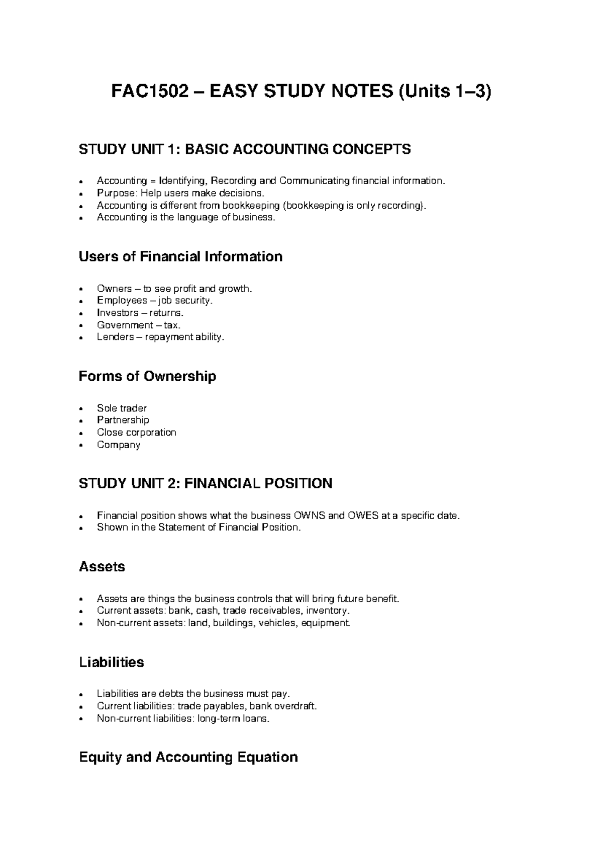 FAC1502 Study Notes: Basic Accounting Concepts & Financial Position ...