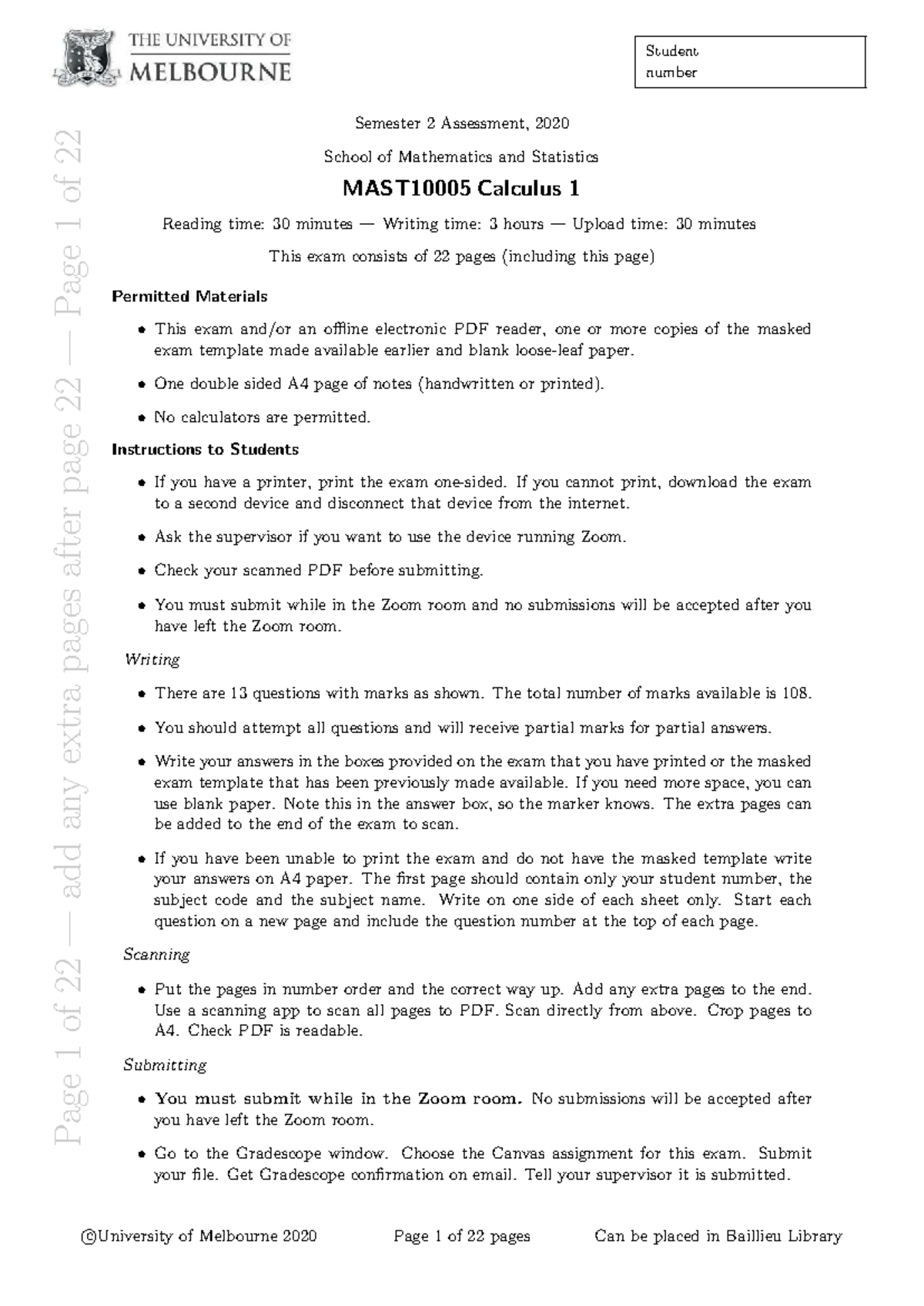 Calculus 1 Semester 2, 2020 Final Exam Instructions and Questions - Studocu