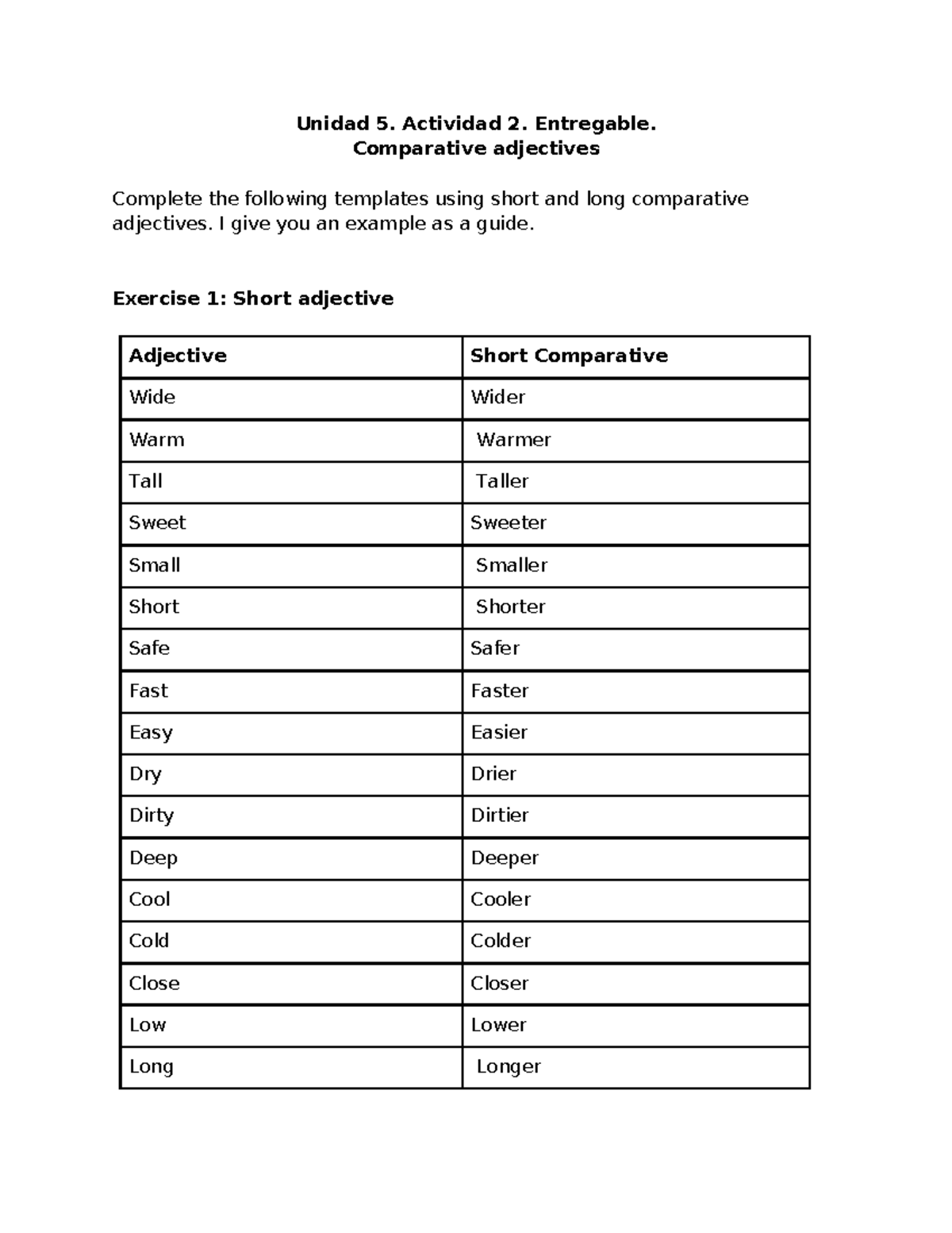 U5 Act 2: Templates for Comparative Adjectives Exercise - Studocu