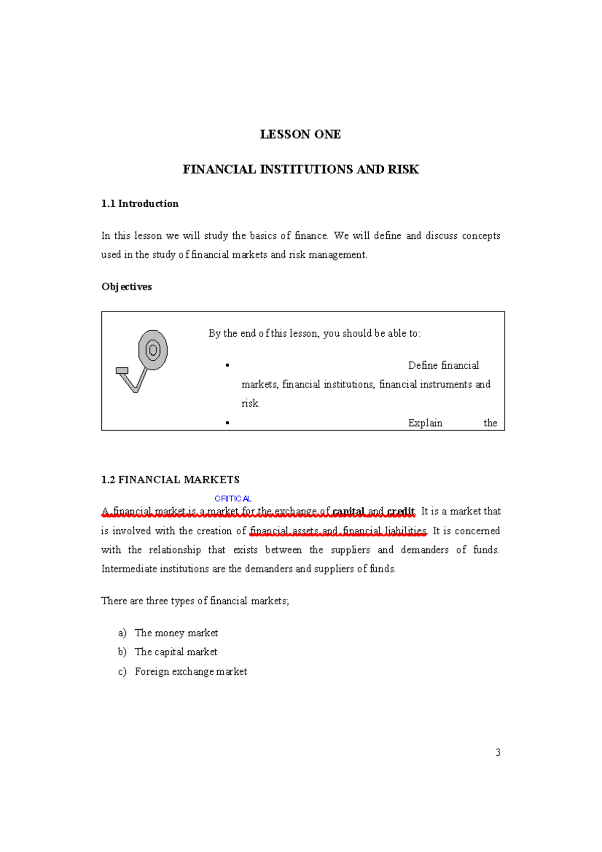 Lesson 1, 2 & 3 - Comprehensive Financial Institutions and Risk Notes ...