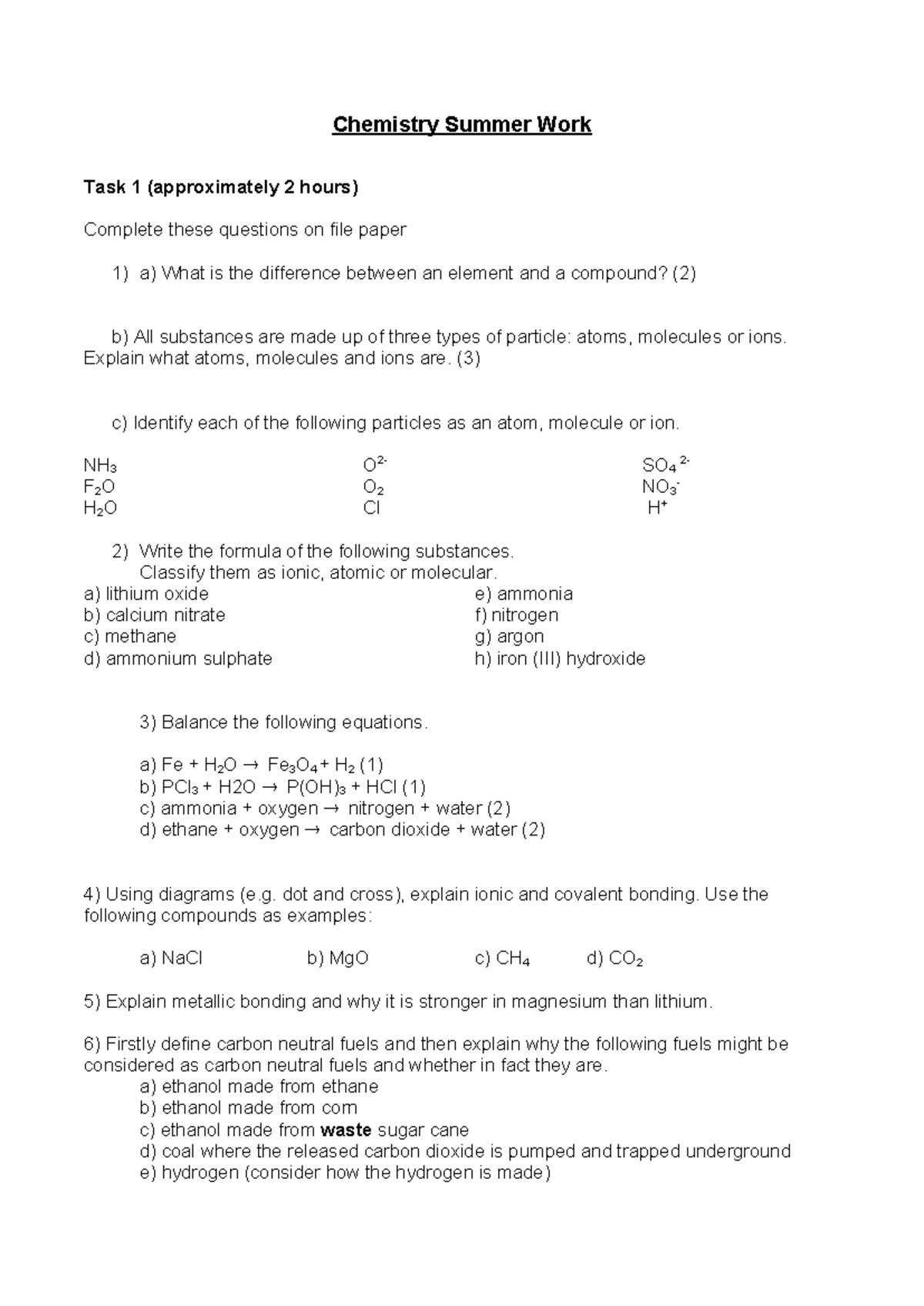 Chemistry Summer Work Task 1 & 2: Exploring Key Concepts and ...