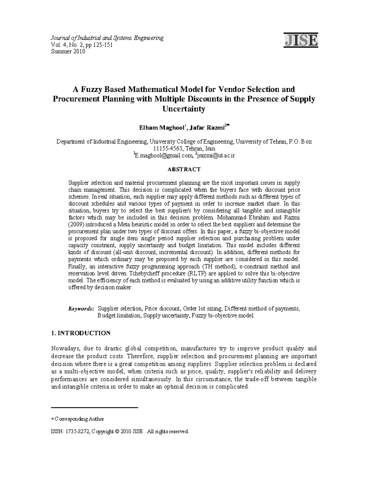 A Fuzzy Mathematical Model for Vendor Selection in Supply Chains (JISE ...
