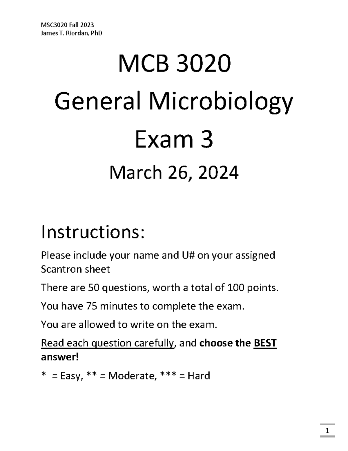Exam 3 Key - MCB 3020 General Microbiology Review for Spring 2024 - Studocu