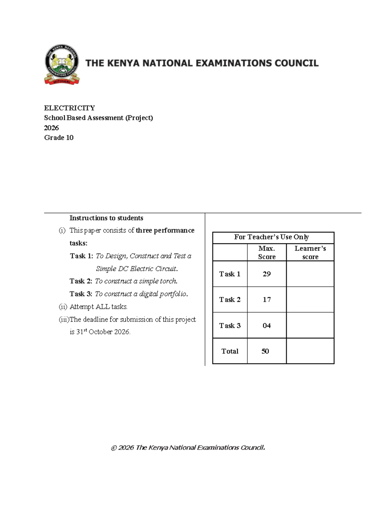 ELECTRICITY Project (Grade 10) - School Based Assessment 2026 - Studocu
