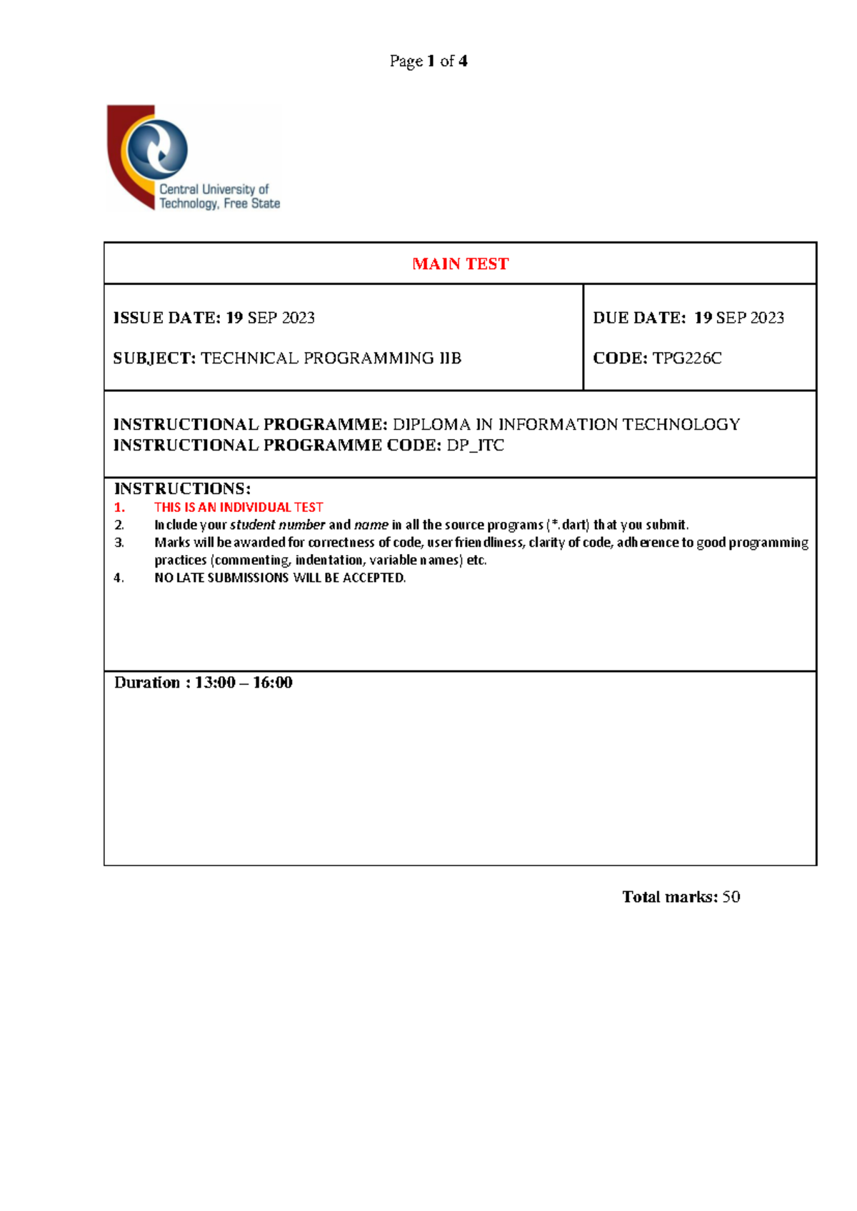 TPG226 FINAL TEST - TECHNICAL PROGRAMMING IIB - 19 SEP 2023 - Studocu