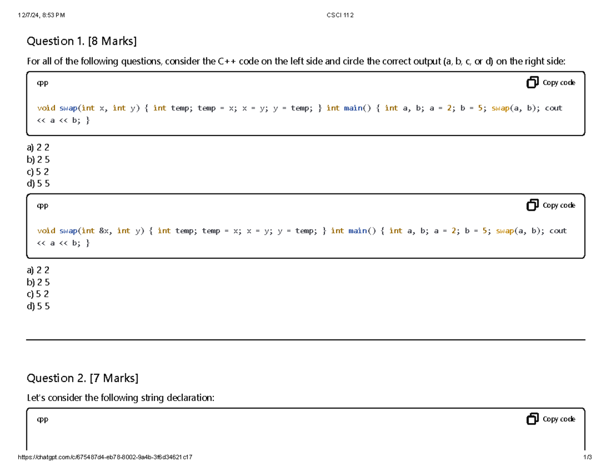 CSCI 112-Sample Final Test - Question 1. [8 Marks] For all of the ...