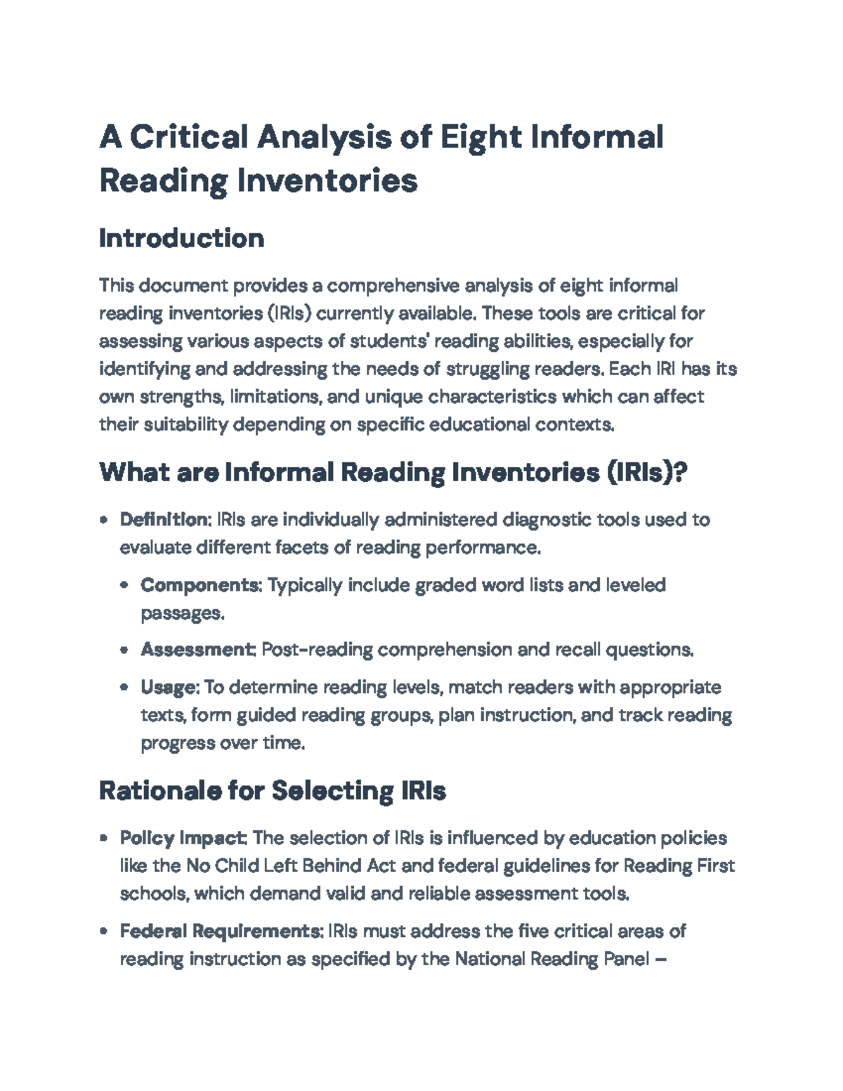 Comparative Analysis of Informal Reading Inventories (IRIs) - A ...